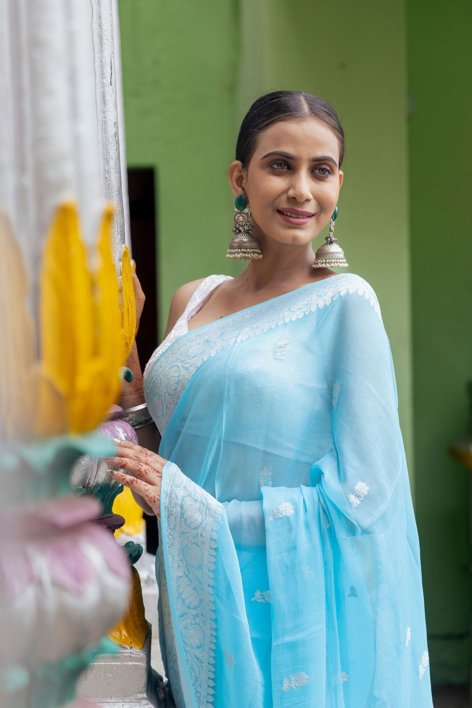 Handloom Sky Blue Pure Khadi Chiffon Banarasi Saree - Mayrake.in