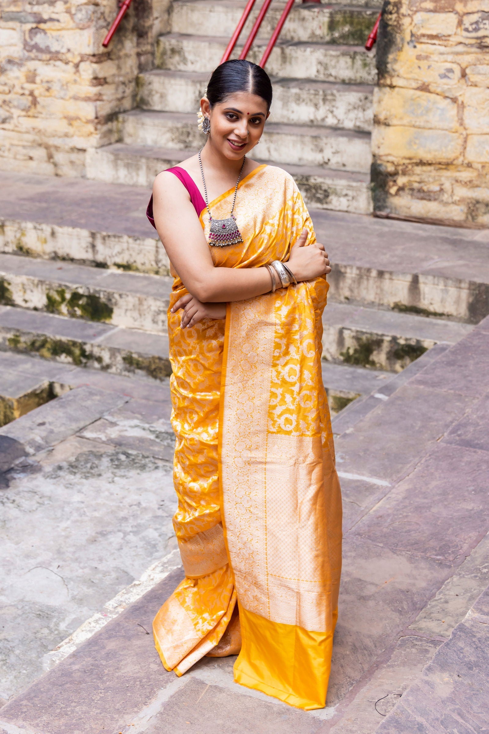 Handloom Yellow Pure Katan Silk Banarsi Saree - Mayrake
