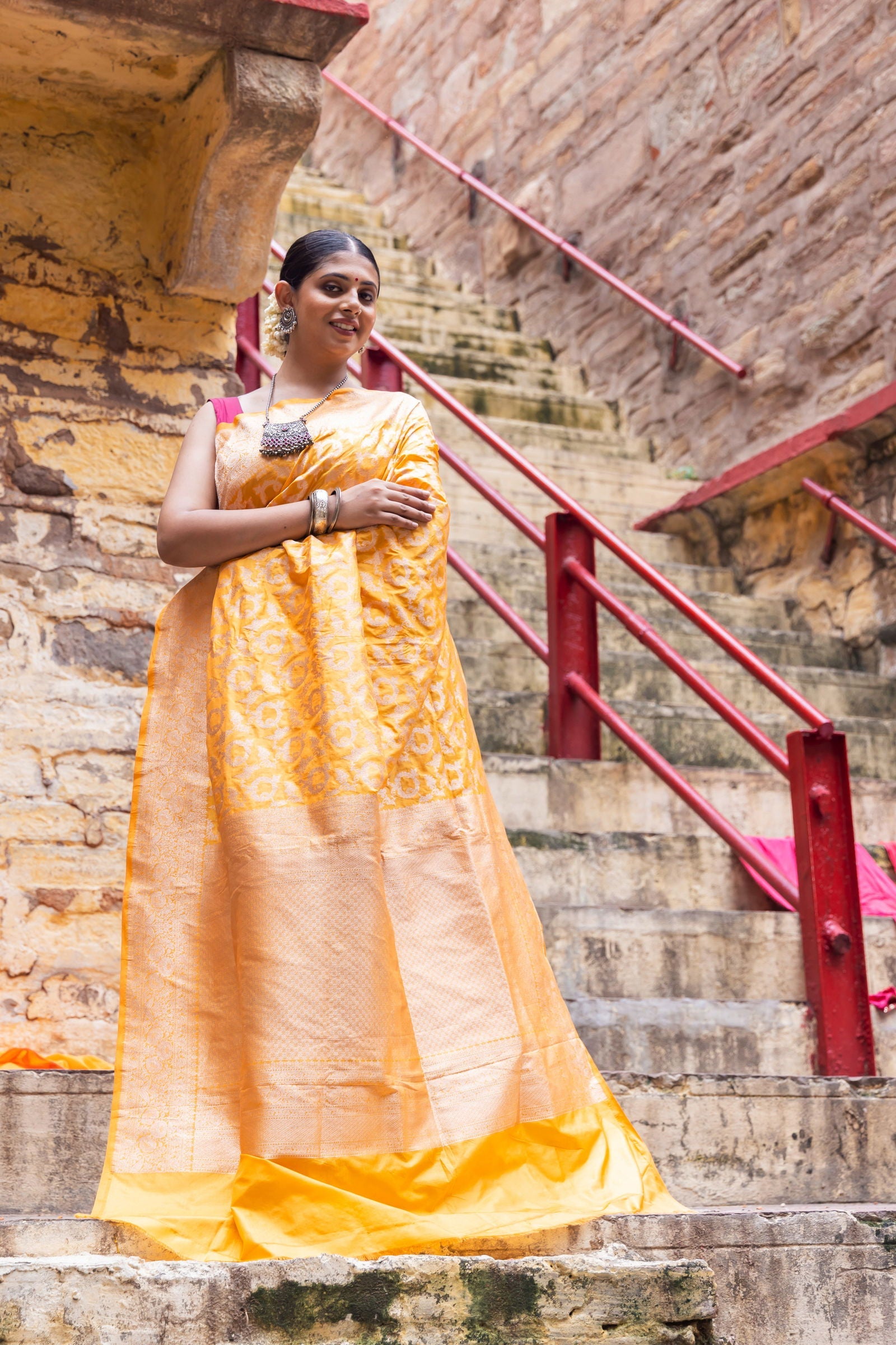 Handloom Yellow Pure Katan Silk Banarsi Saree - Mayrake