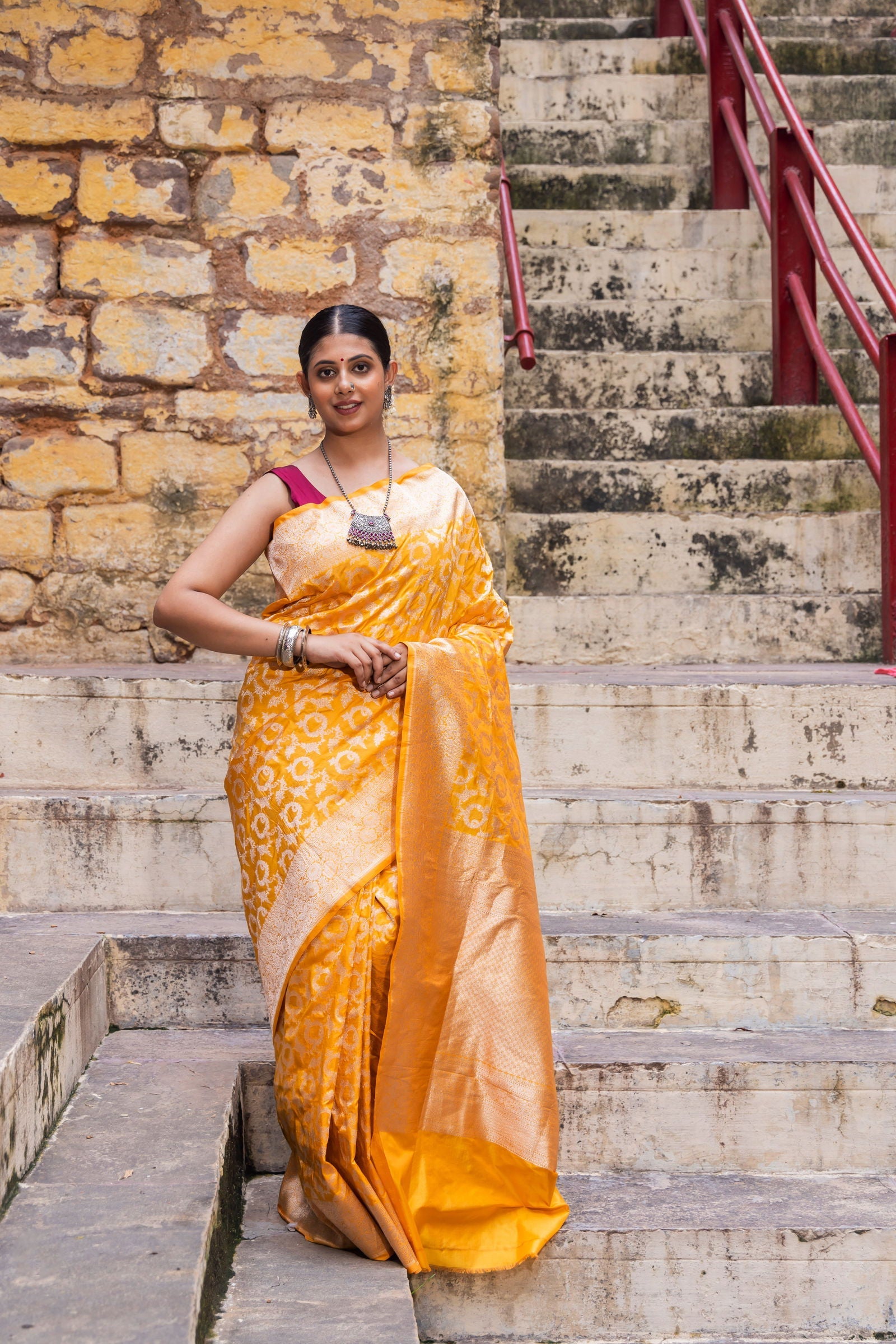 Handloom Yellow Pure Katan Silk Banarsi Saree - Mayrake