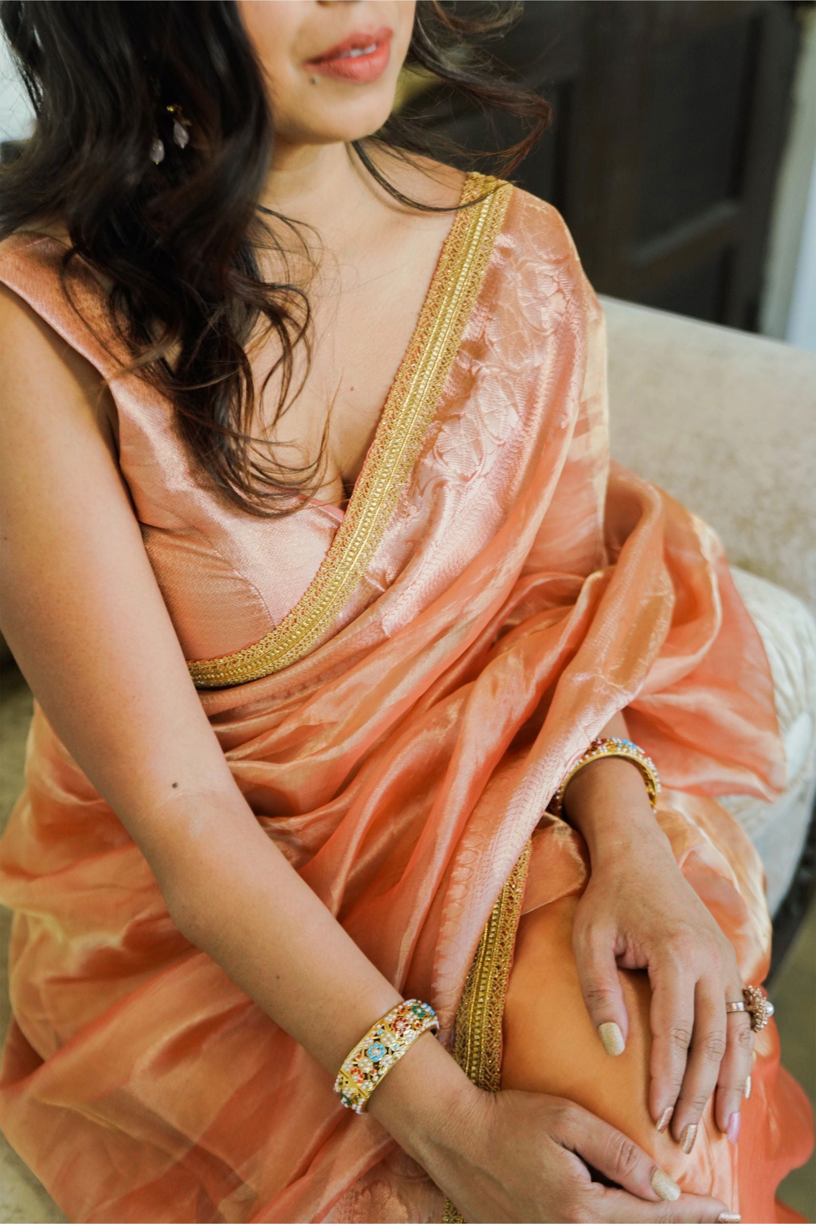 Handloom peach Pink Pure Katan Tissue Silk Banarsi Saree - Mayrake