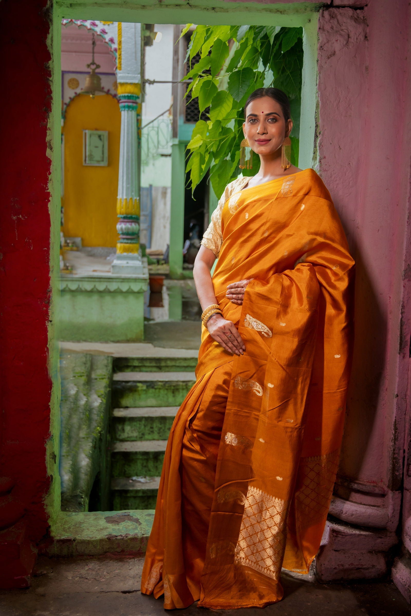 Handloom saffron Yellow Pure Katan Silk  Banarsi Saree - Mayrake