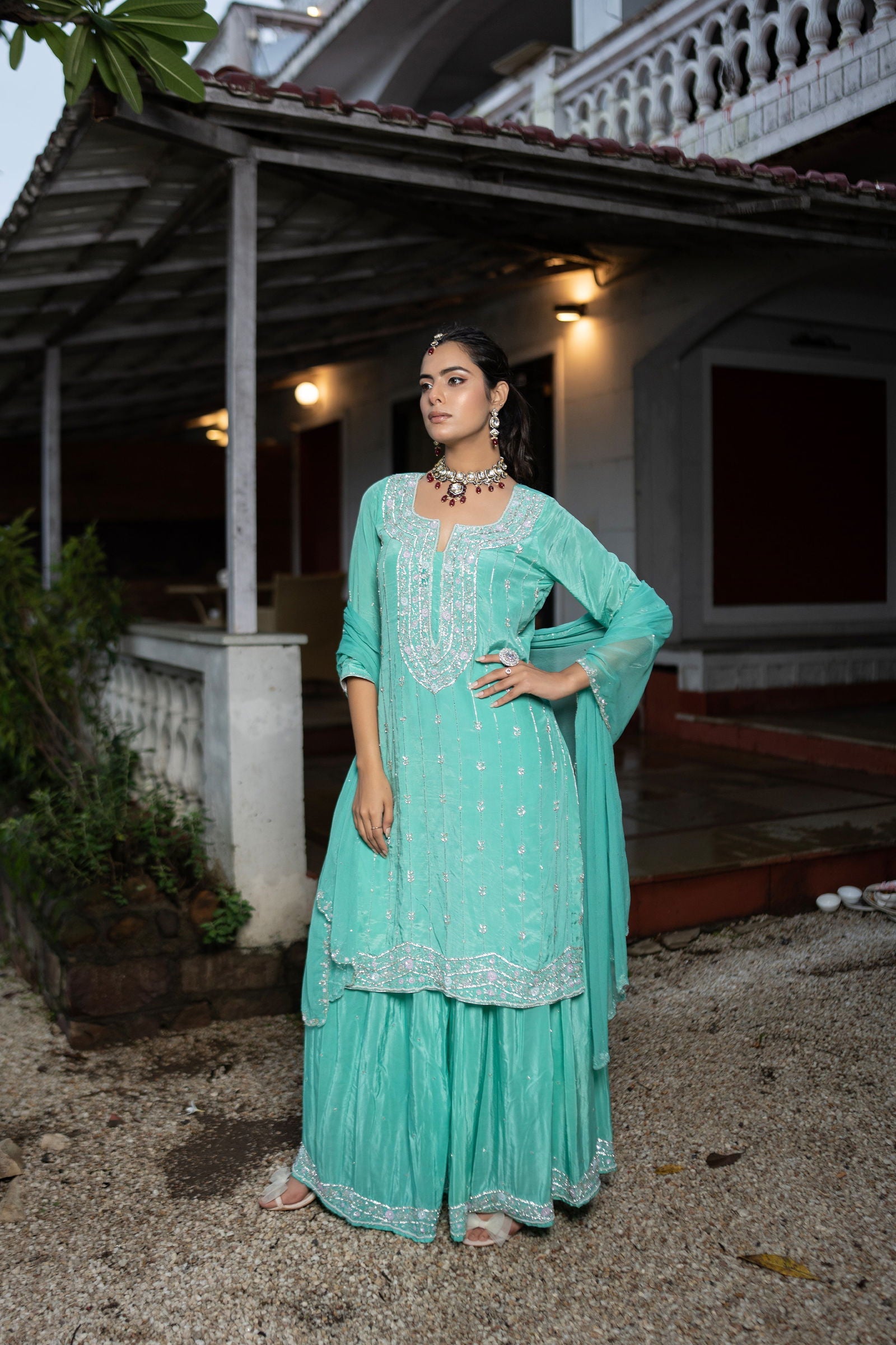 Handwork-Embroidered  Sea Green Crepe Silk Suit with  Palazzo Pants and Dupatta - Mayrake