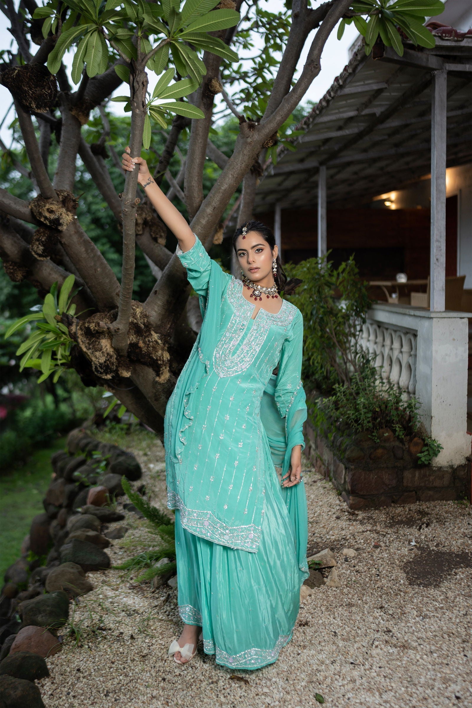 Handwork-Embroidered  Sea Green Crepe Silk Suit with  Palazzo Pants and Dupatta - Mayrake