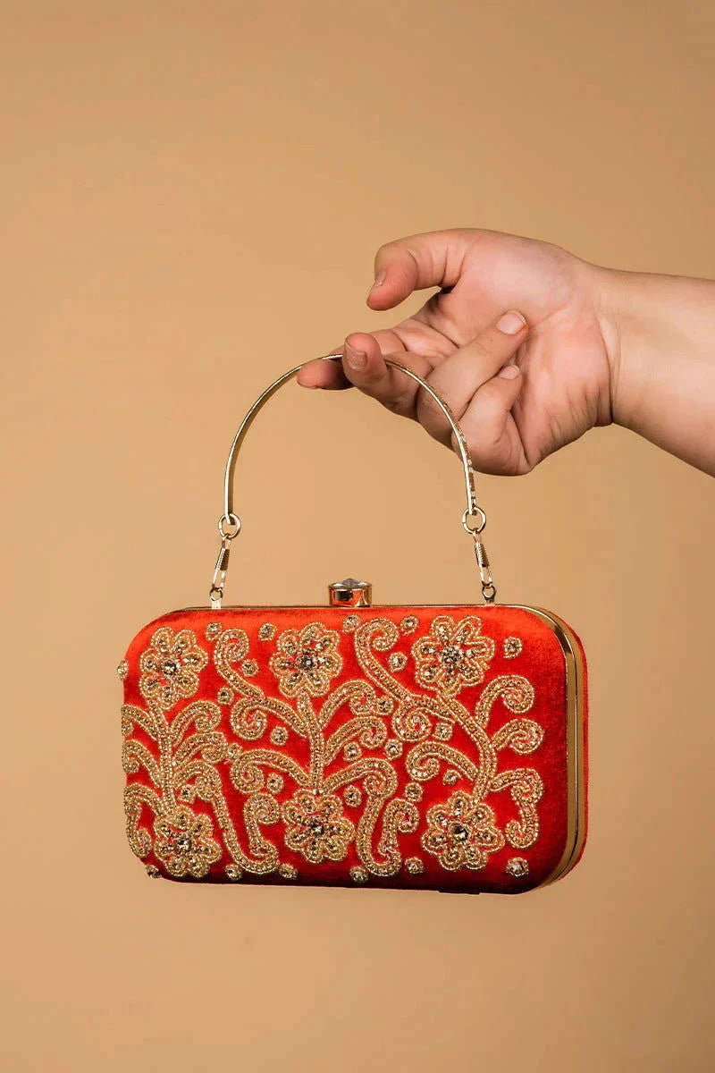 Handwork Green Pearl Zardozi Work Clutch with Handle and Velvet Base - Mayrake.in