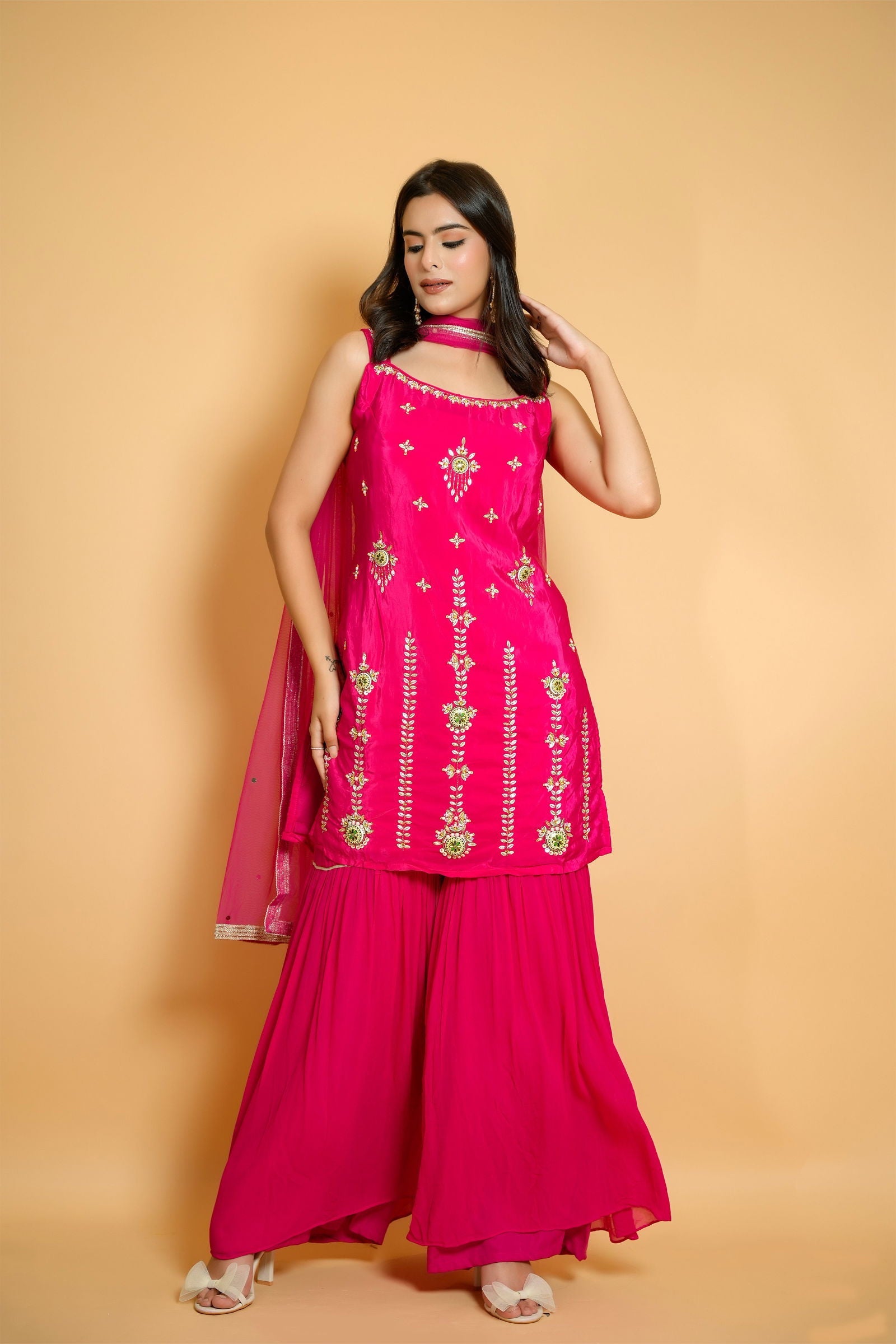 Handwork Hot Pink Crepe Silk Suit with Garara and Dupatta - Mayrake