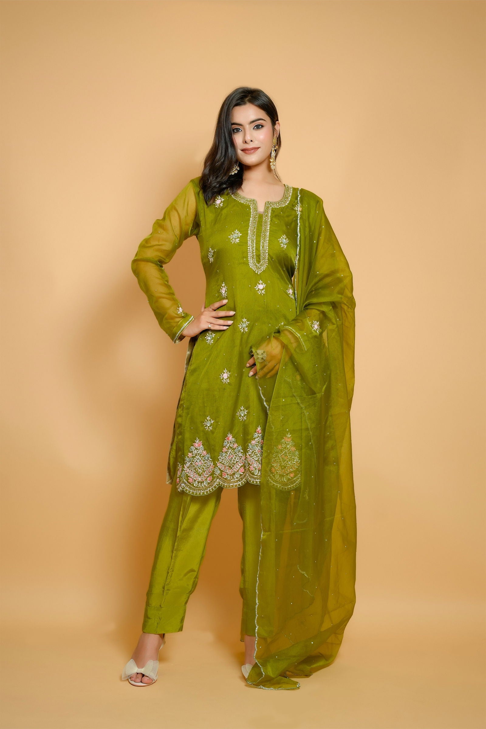 Handwork Lime Green Multi-Thread Stone Work Organza Suit with Solid Pant and Dupatta - Mayrake