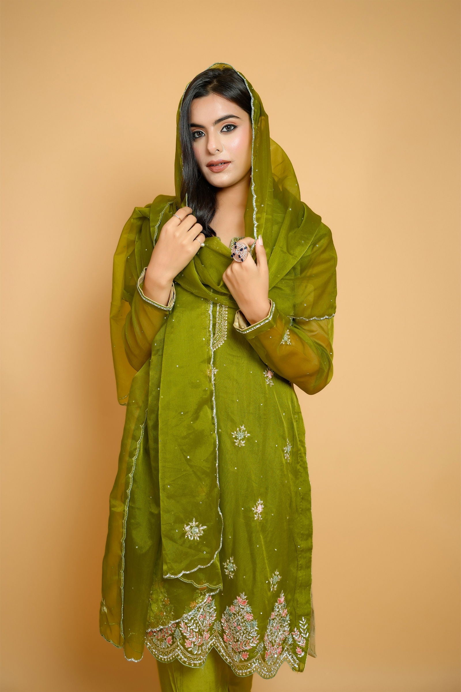 Handwork Lime Green Multi-Thread Stone Work Organza Suit with Solid Pant and Dupatta - Mayrake