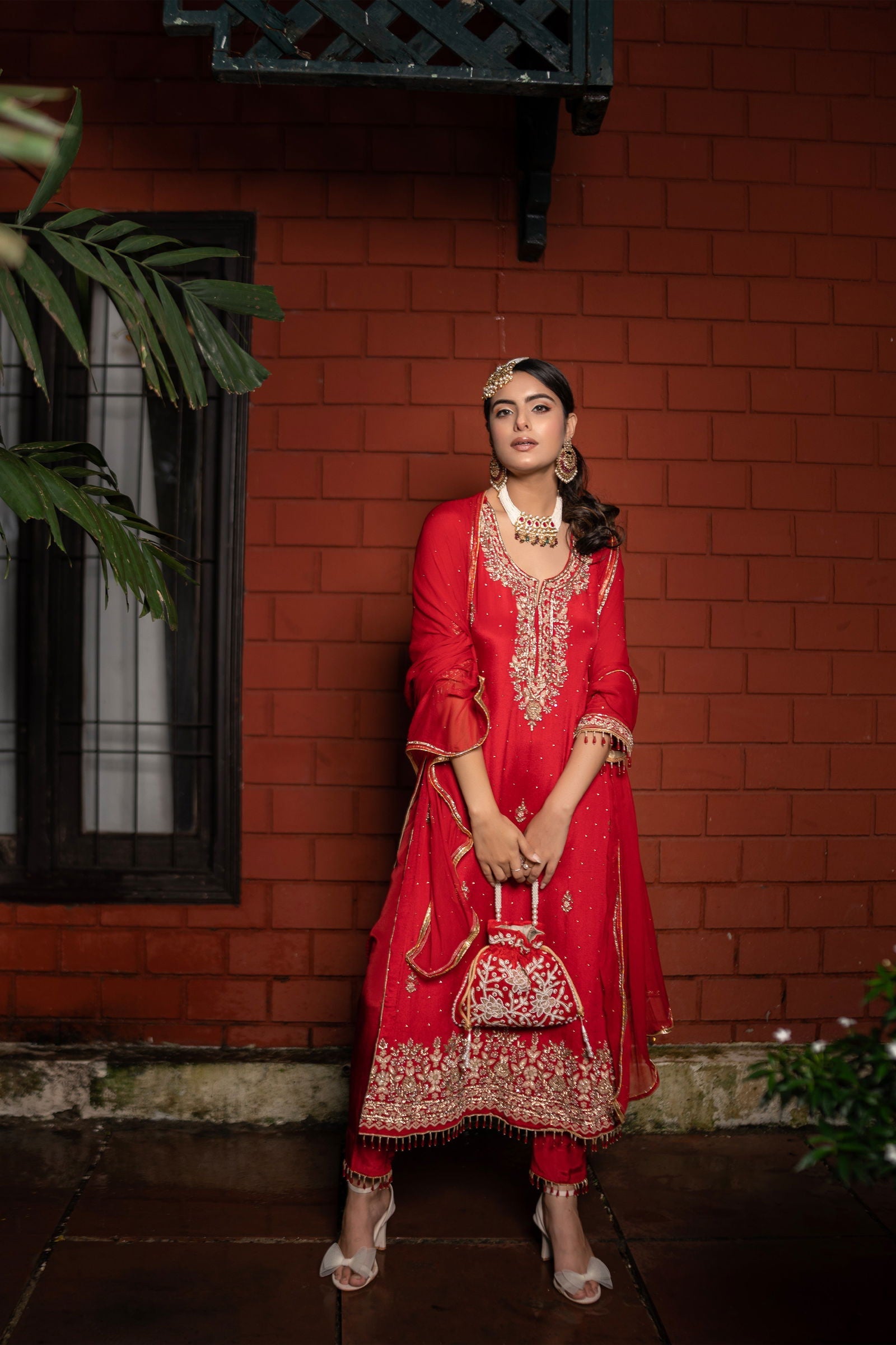 Handwork Red Heavy Zardosi Pearl Suit with Solid Pants and Dupatta - Mayrake