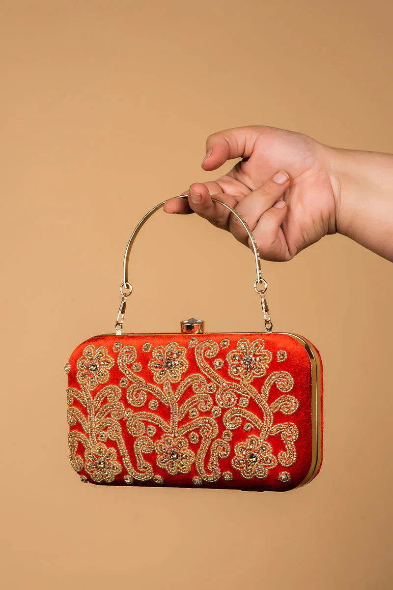 Green Velvet Pearl & Zardozi Clutch with Handle
