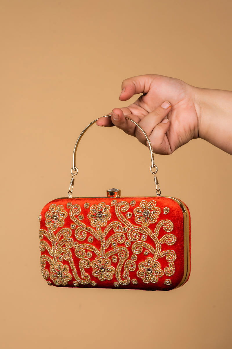 Handwork Red Pearl Zardosi Work Clutch with Handle and Velvet Base - Mayrake