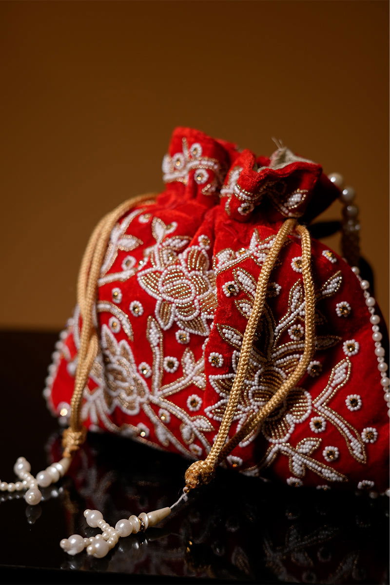 Handwork Red Pearl and Bead Potli with Pearl Handle and Velvet Base - Mayrake.in