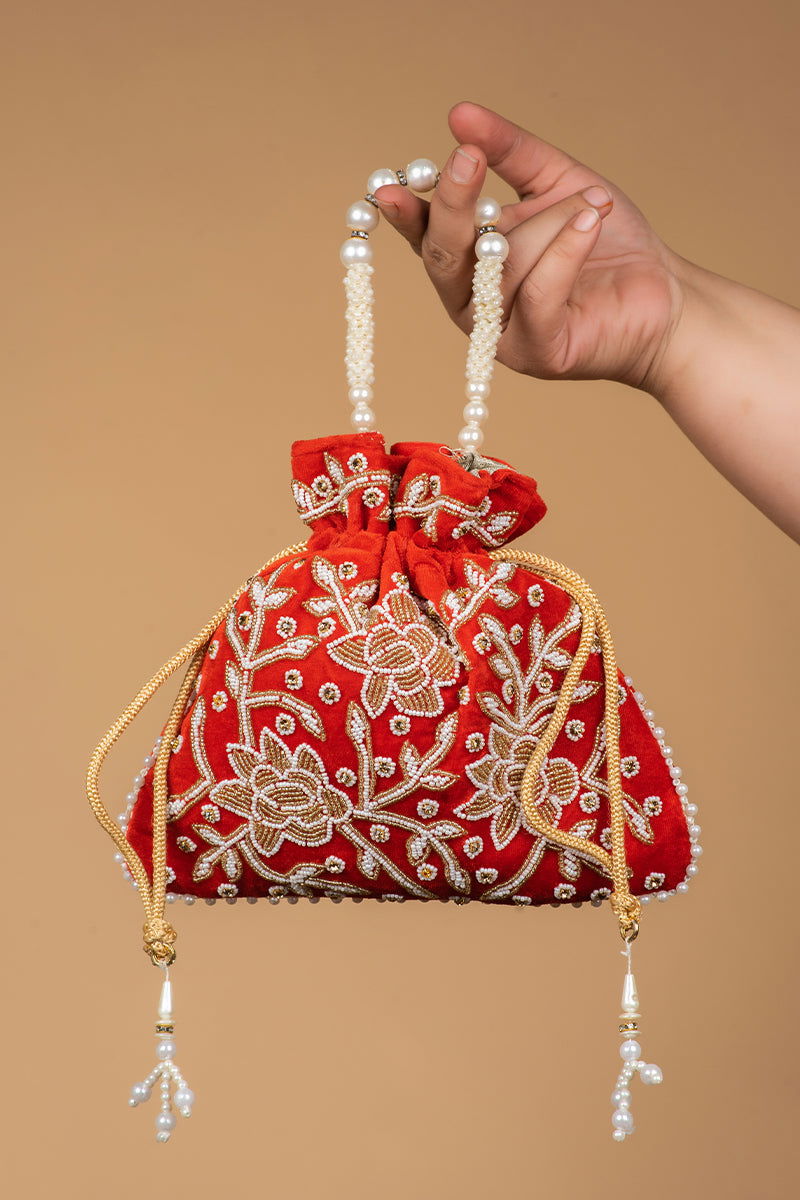 Handwork Red Pearl and Bead Potli with Pearl Handle and Velvet Base - Mayrake.in