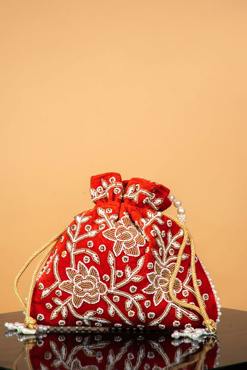 Handwork Red Pearl and Bead Potli with Pearl Handle and Velvet Base - Mayrake.in