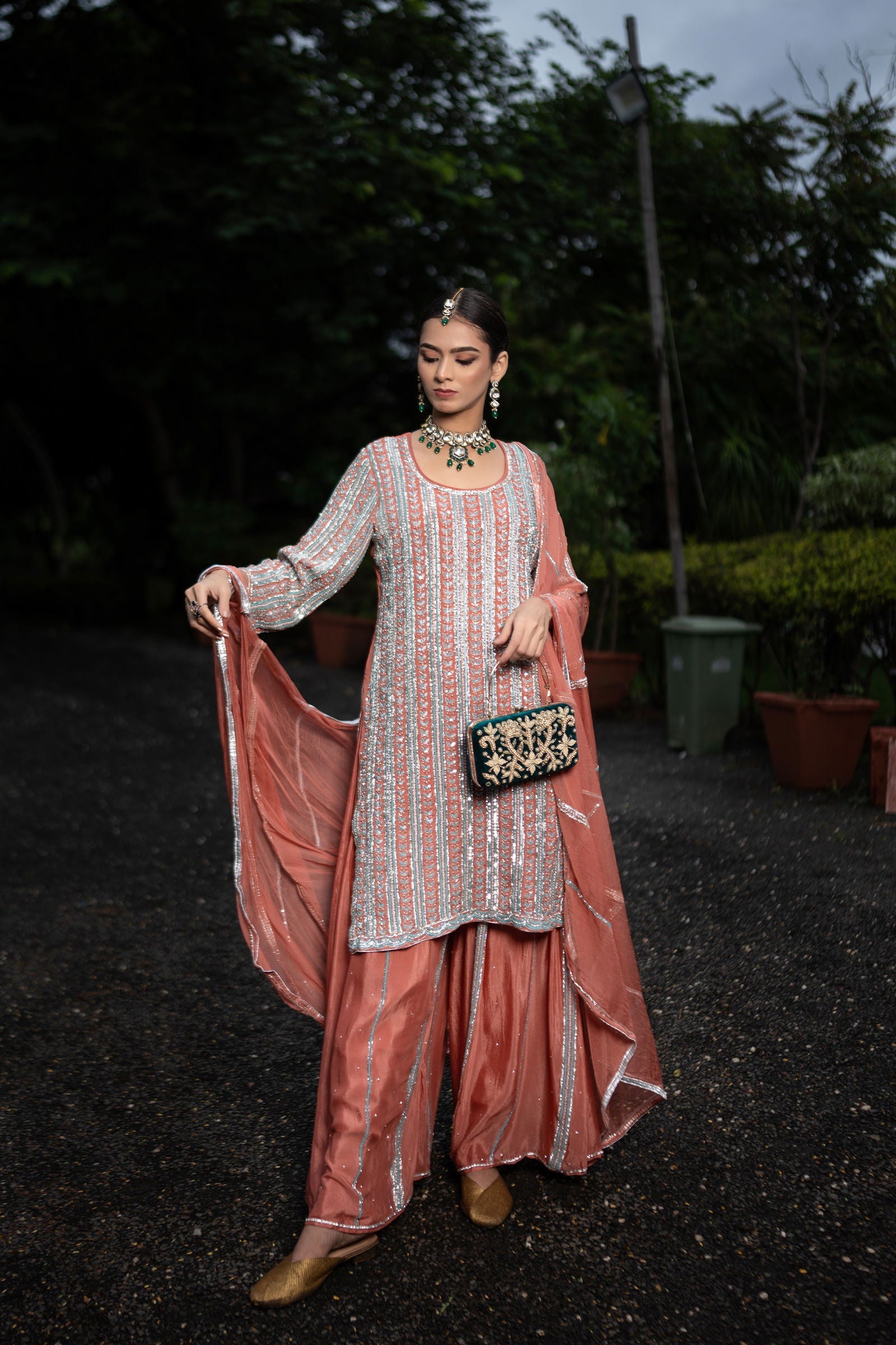 Handwork Rust Brown Chiffon Georgette Zardosi Suit with Heavily Embroidered Sharara and Matching Chiffon Dupatta - Mayrake