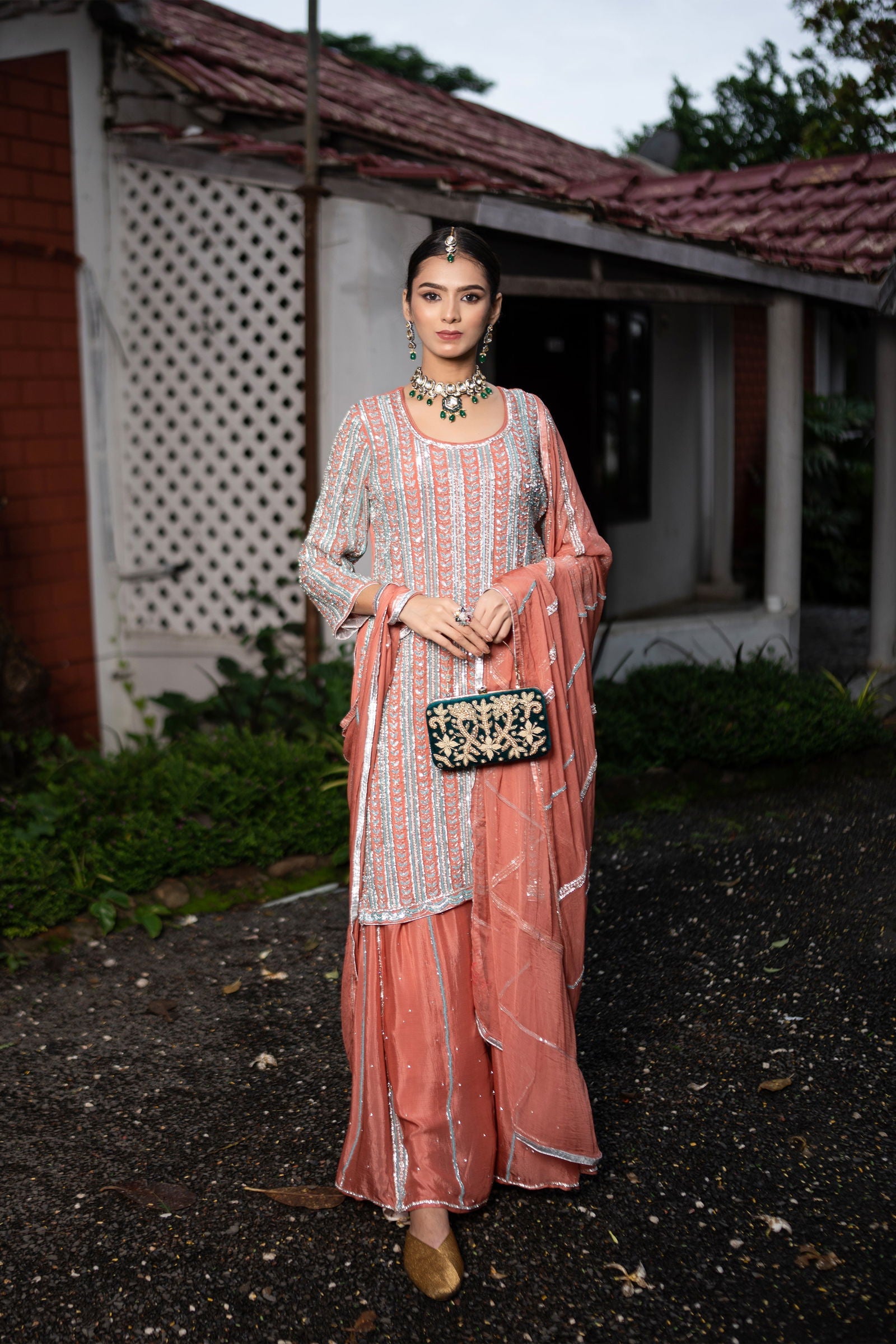 Handwork Rust Brown Chiffon Georgette Zardosi Suit with Heavily Embroidered Sharara and Matching Chiffon Dupatta - Mayrake