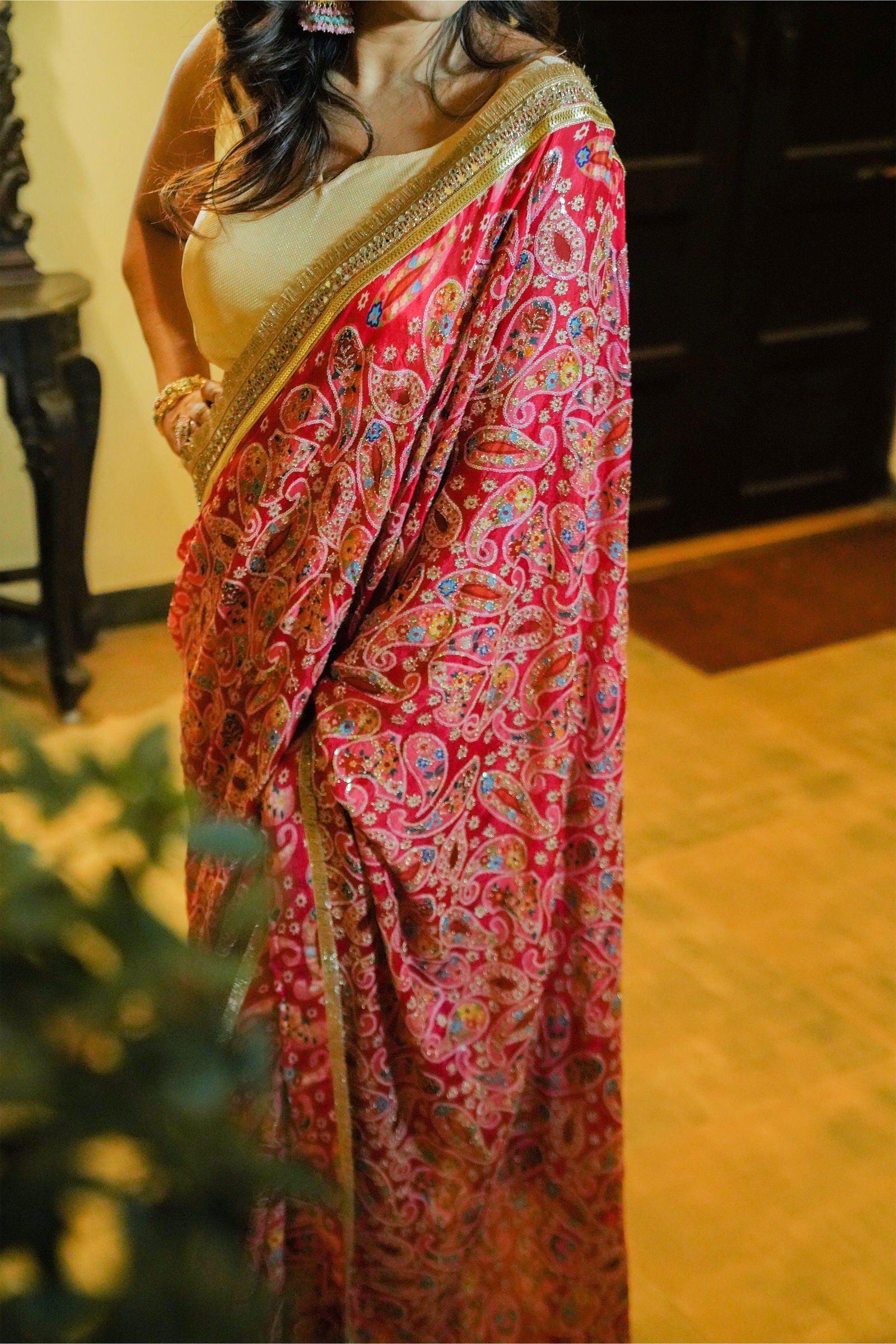 Hot Pink Chiffon Saree With Zari Embroidery - Mayrake.in