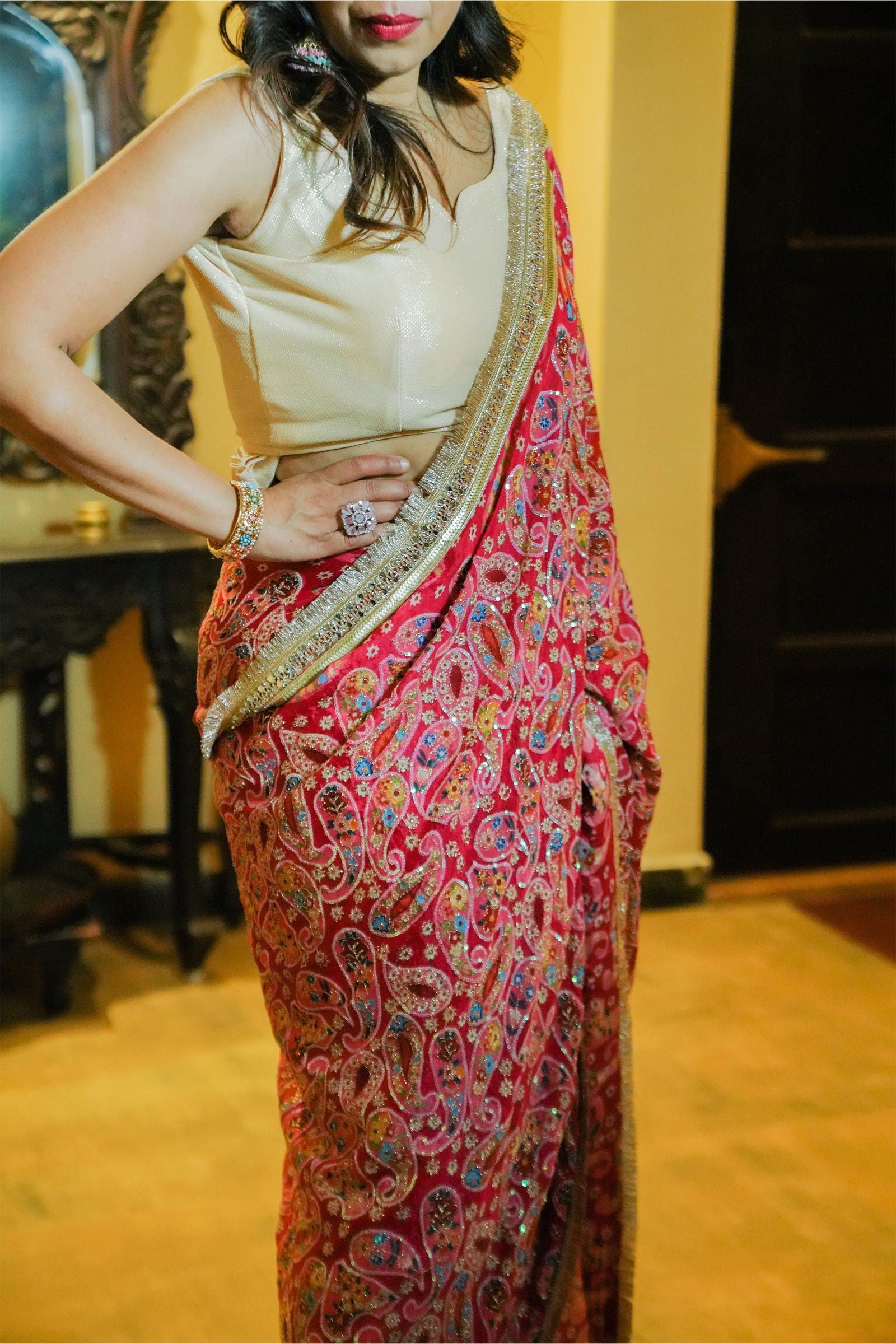 Hot Pink Chiffon Saree With Zari Embroidery - Mayrake.in