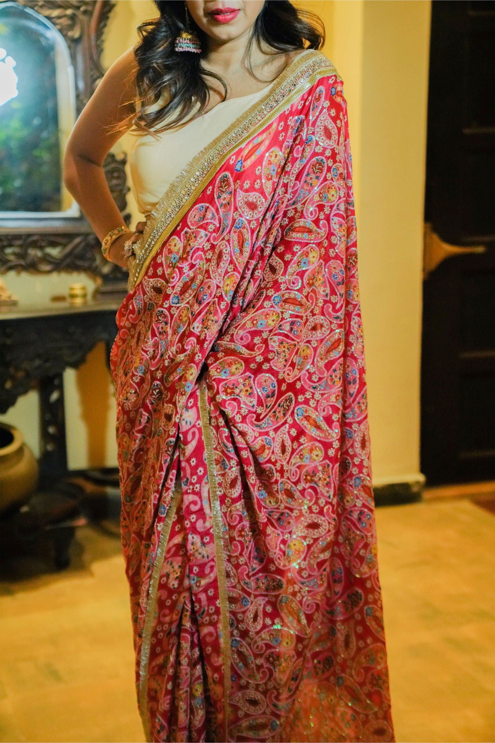 Hot Pink Chiffon Saree With Zari Embroidery - Mayrake.in