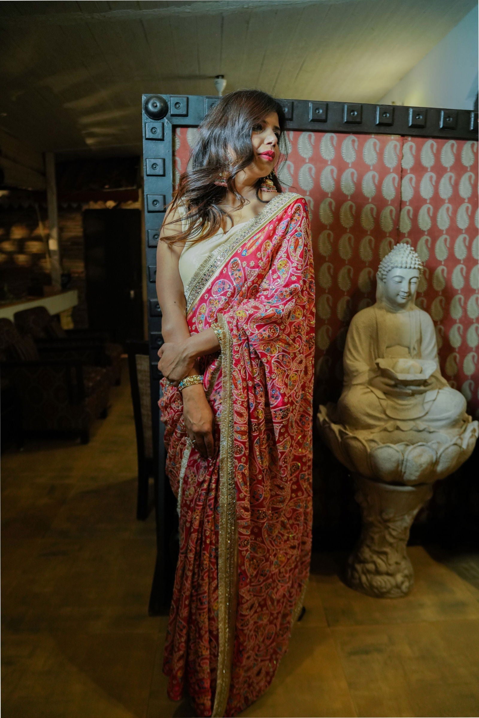 Hot Pink Chiffon Saree With Zari Embroidery - Mayrake.in