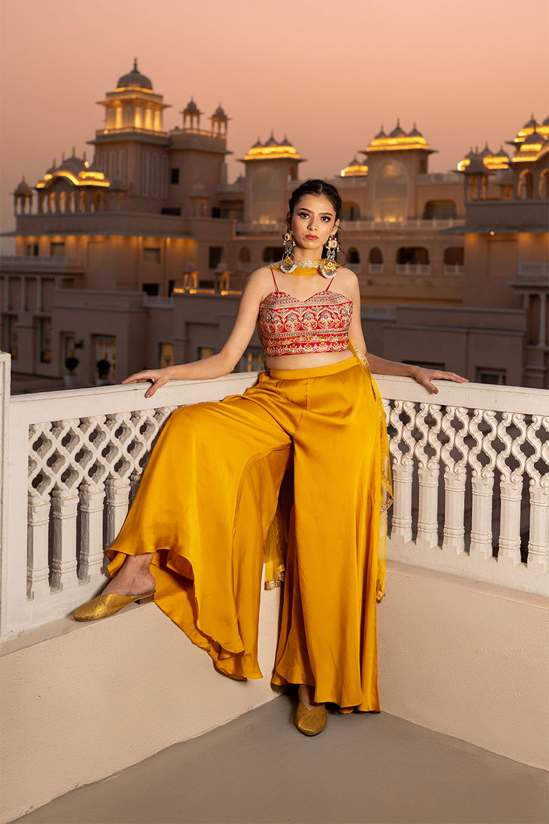 Hot Pink Embroidered Satin Tank Top with Yellow Palazzo Pants and Net Chunni - Mayrake - 