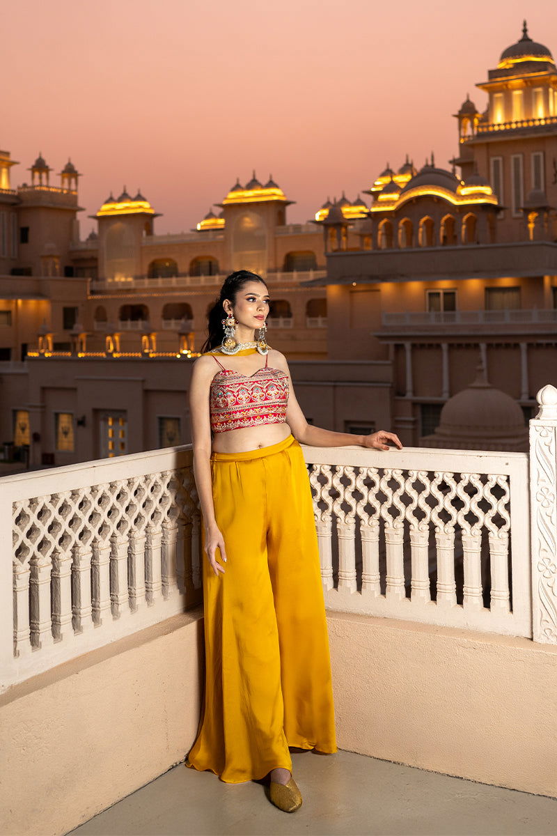 Hot Pink Embroidered Satin Tank Top with Yellow Palazzo Pants and Net Chunni - Mayrake - 