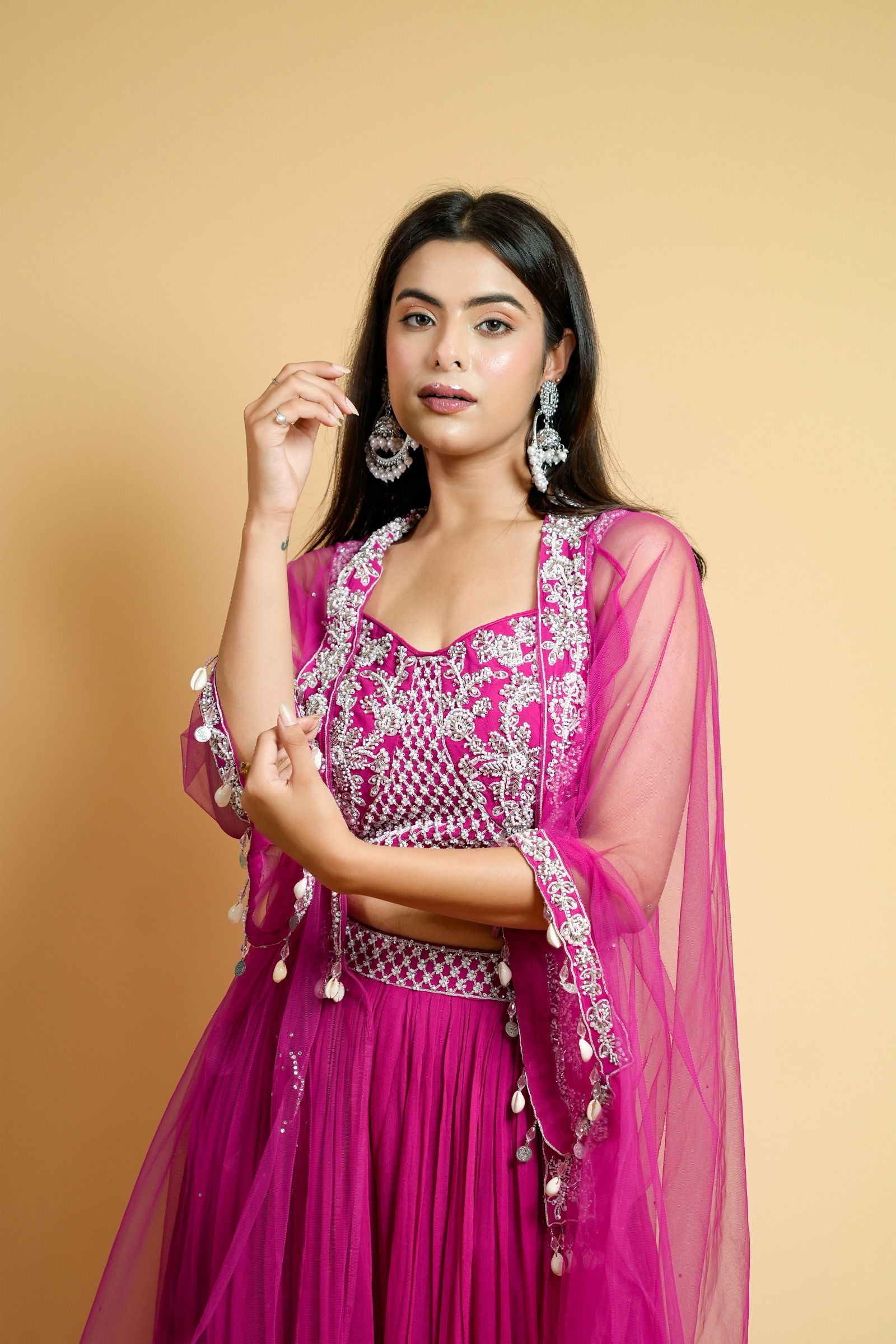 Hot Pink Georgette Crop Top with Belted Palazzo Pants and Net Shrug - Mayrake