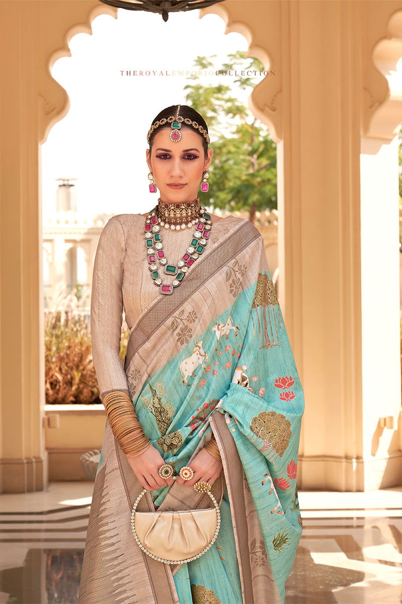 Ice Blue Raw Silk Saree with Plain Printed Bengal Design - Mayrake.in