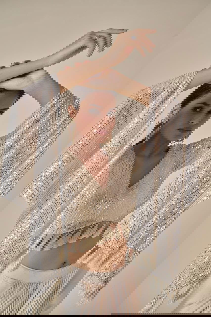 Ivory Cream Long Hanging Sleeves Top with Dhoti Pleated Skirt - Mayrake.in