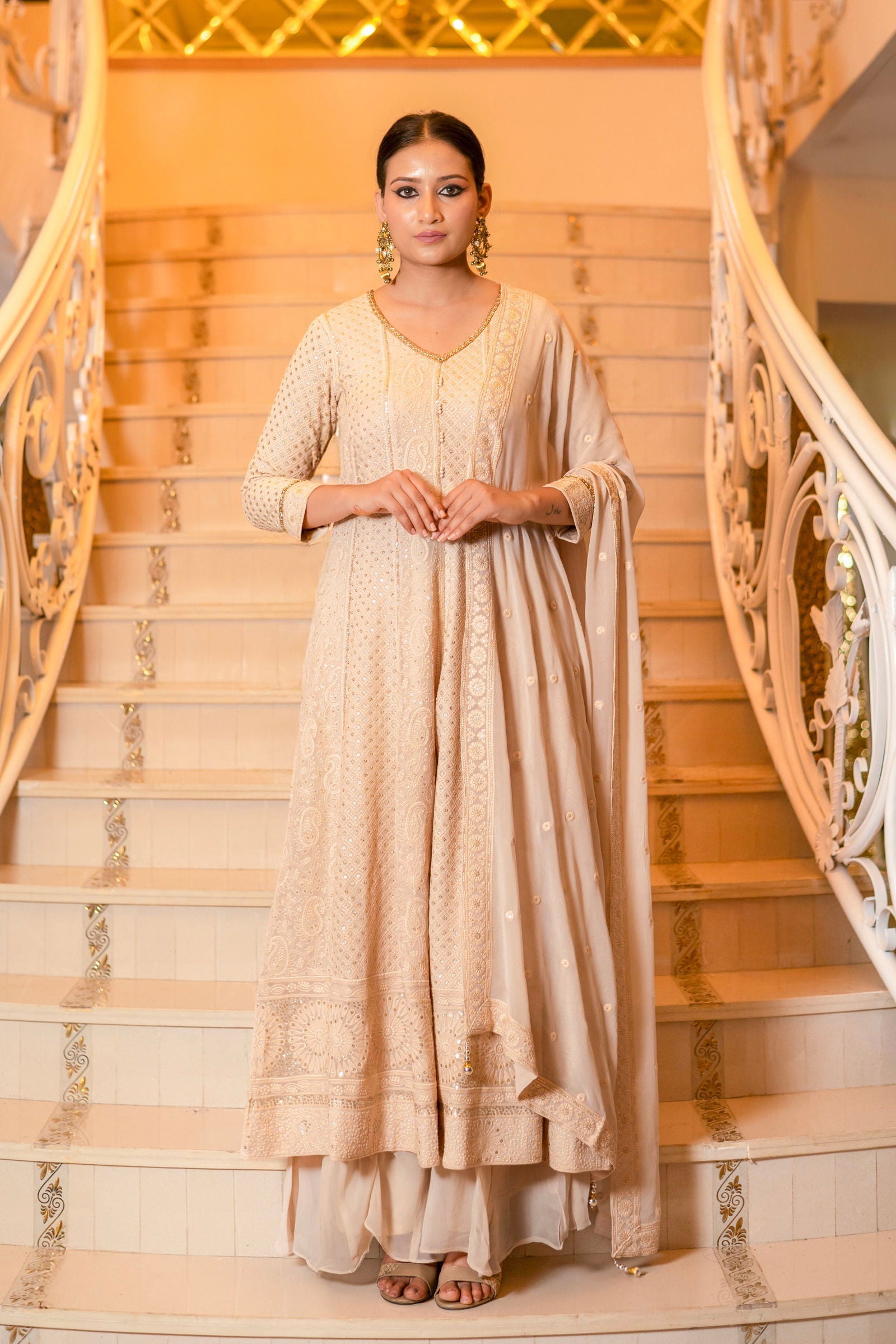 Ivory Cream Lucknowi Anarkali Kurta and Palazzo Sets - Mayrake.in