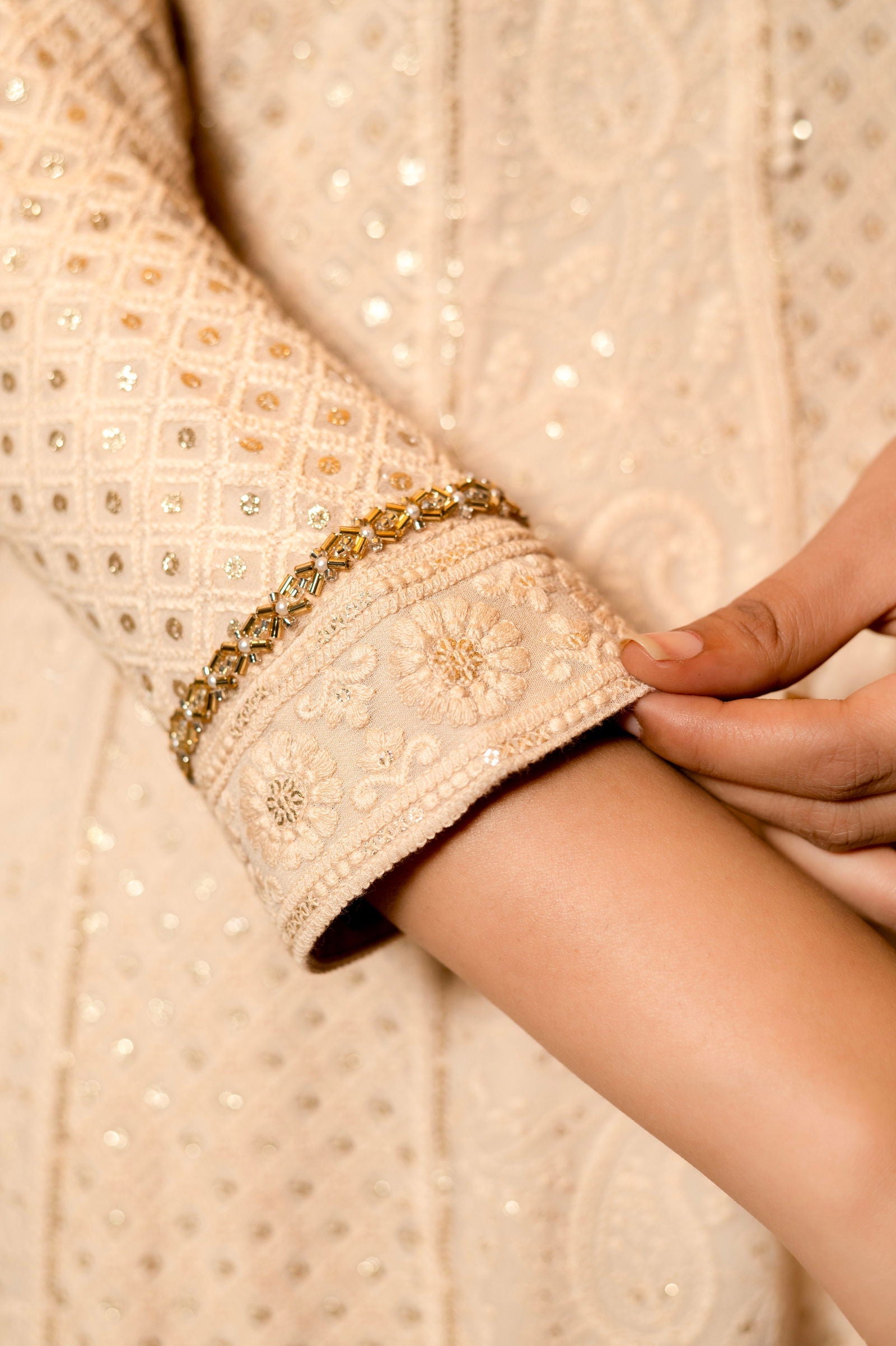 Ivory Cream Lucknowi Anarkali Kurta and Palazzo Sets - Mayrake.in