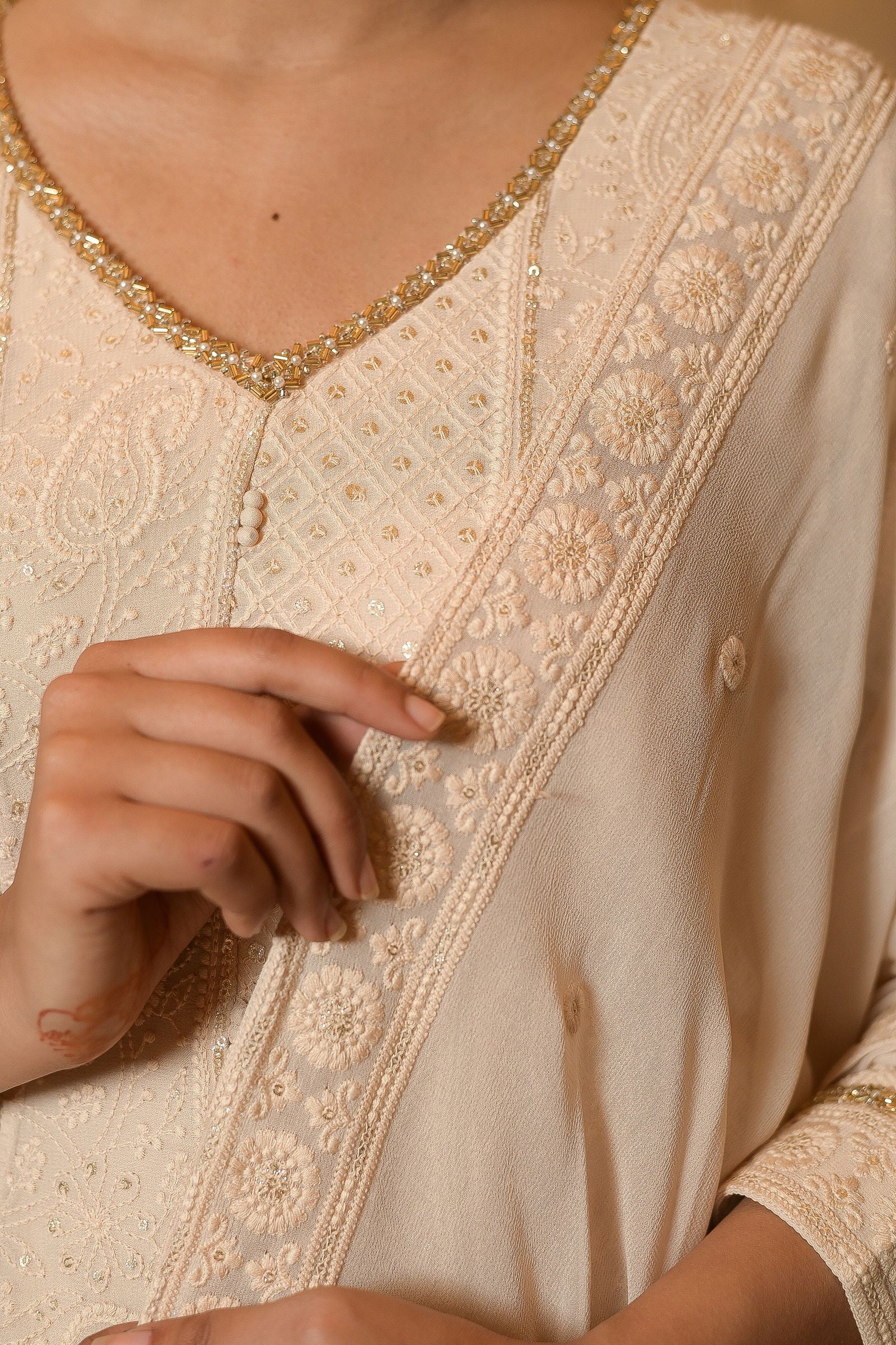 Ivory Cream Lucknowi Anarkali Kurta and Palazzo Sets - Mayrake.in