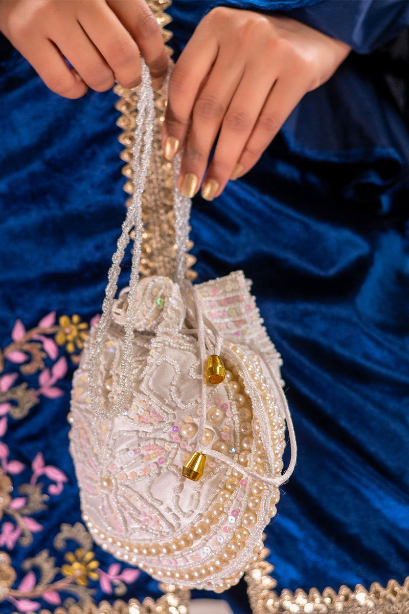 Ivory Cream Potli with Handmade Pearl and Sequin Design - Mayrake.in