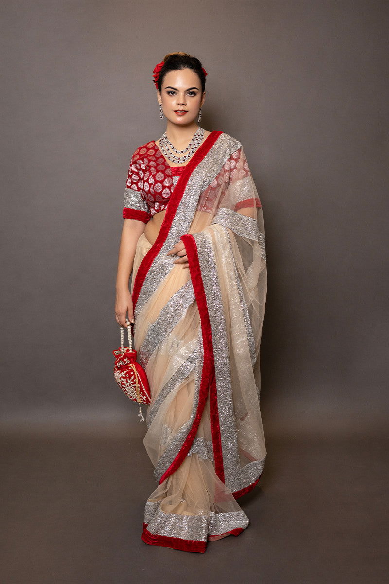 Ivory Golden Net Saree with Sequin  Paired with a Brocade Stitched Designer Blouse - Mayrake