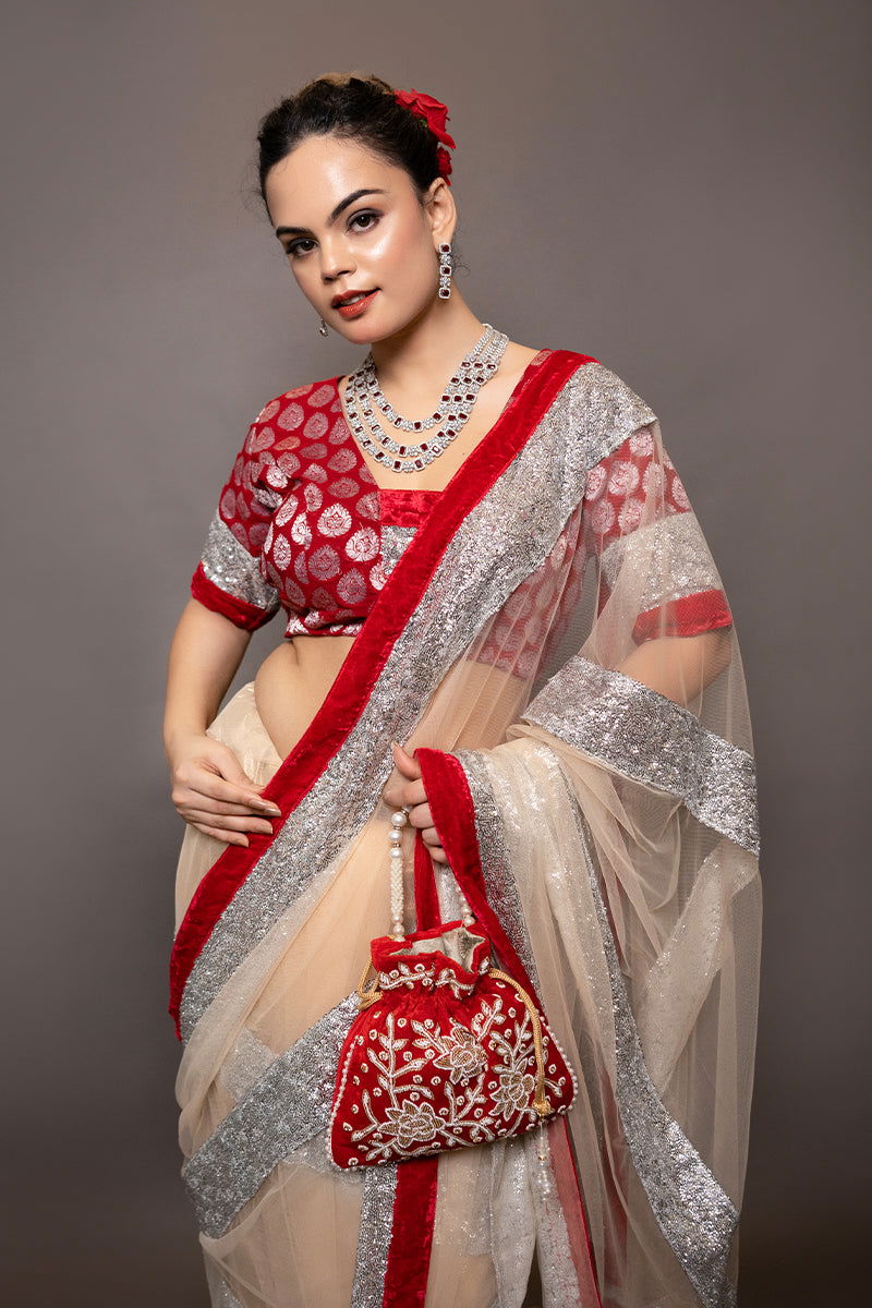 Ivory Golden Net Saree with Sequin  Paired with a Brocade Stitched Designer Blouse - Mayrake