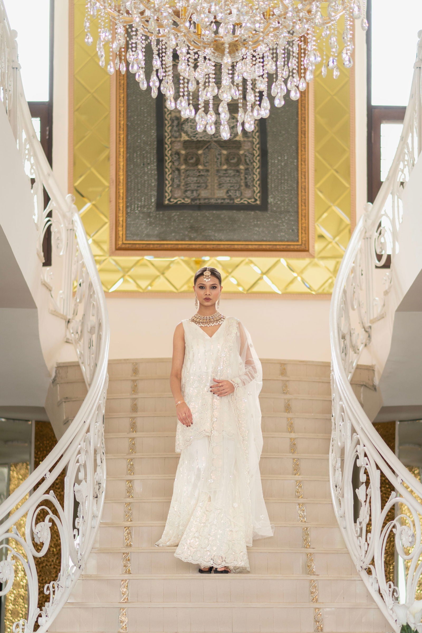 Ivory Pearl White Super Net Sleeveless  Kurta With Flared Palazzo Set - Mayrake.in