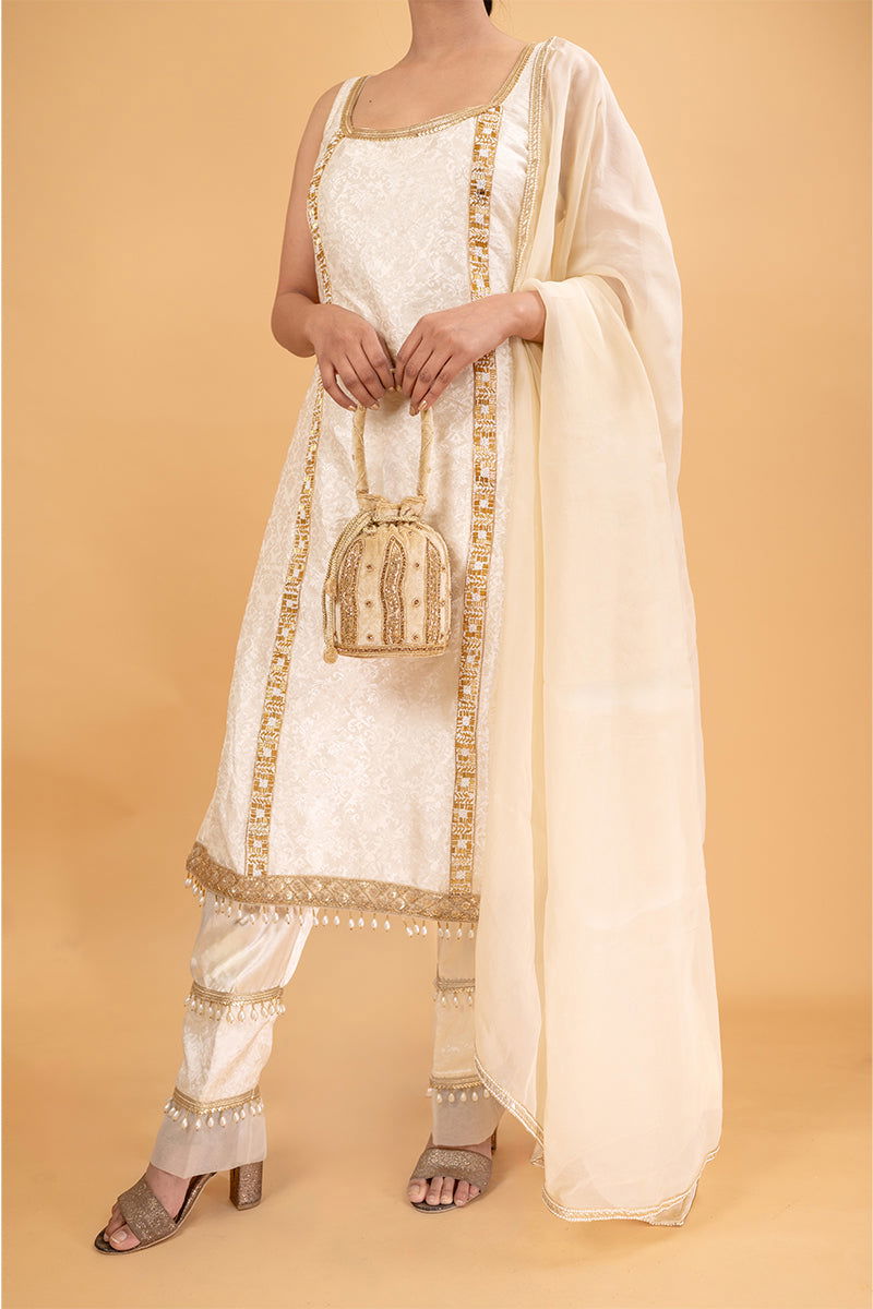 Ivory White Brocade Suit With Hanging Tassel Pant - Mayrake.in