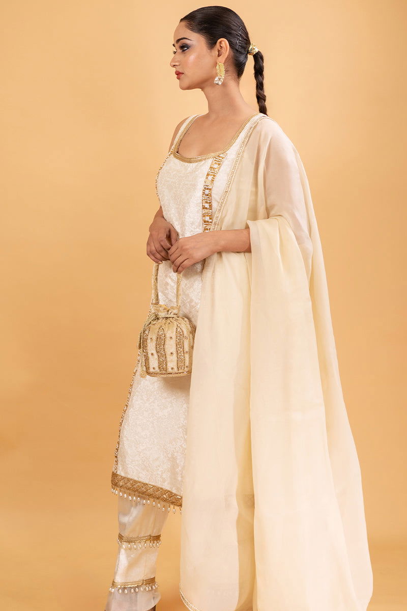 Ivory White Brocade Suit With Hanging Tassel Pant - Mayrake.in