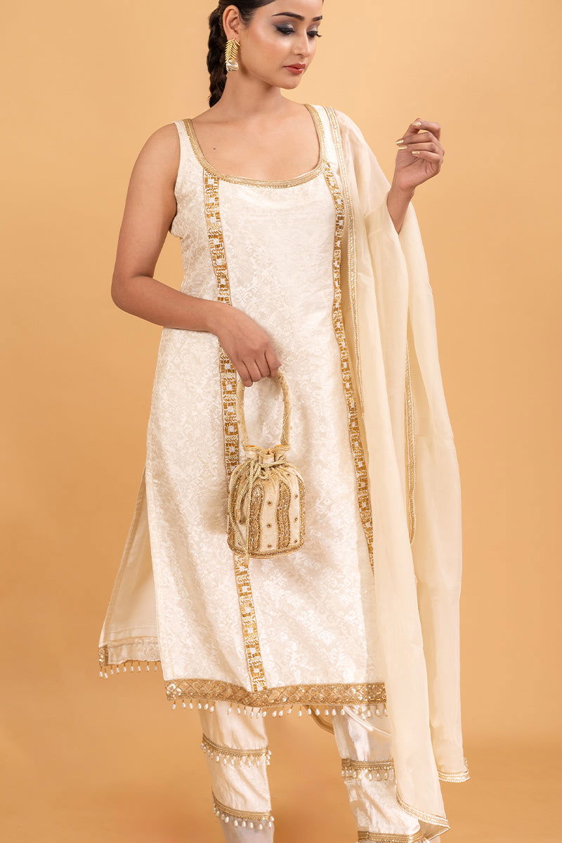 Ivory White Brocade Suit With Hanging Tassel Pant - Mayrake.in