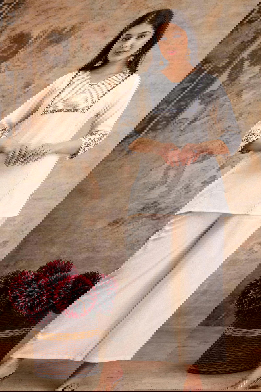 Ivory White Cord Set with Front Yoke Grey Color Embroidery - Mayrake.in