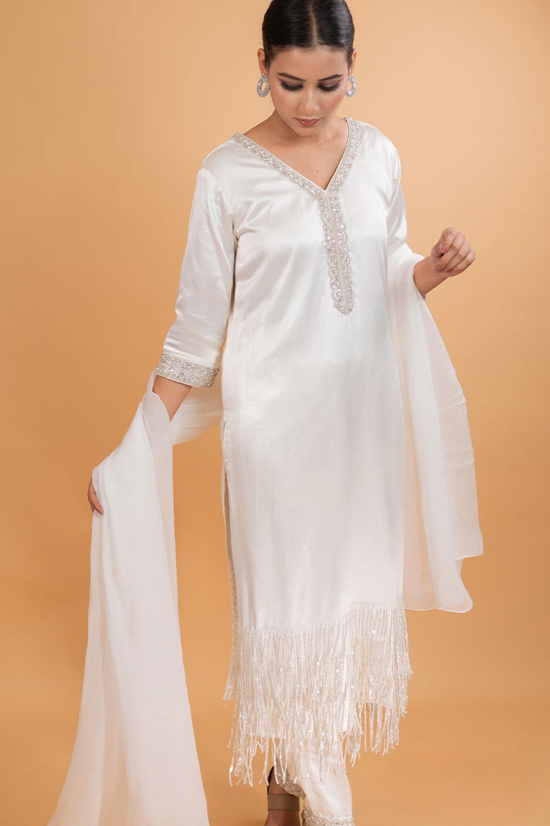 Ivory White Long Suit with Hanging Tassels Kurta - Mayrake.in
