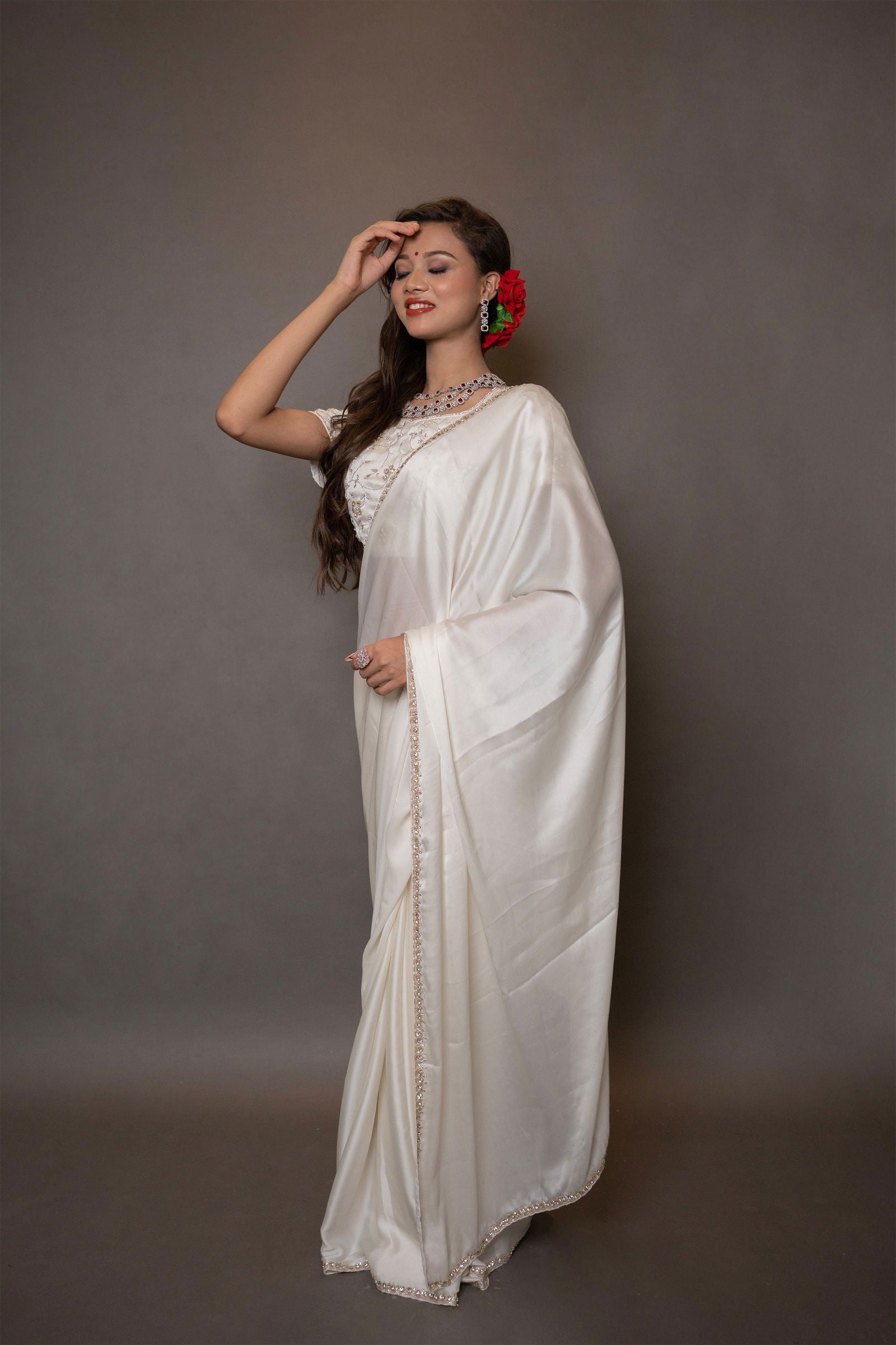 Ivory White Satin Saree with Swarovski Stones - Mayrake.in