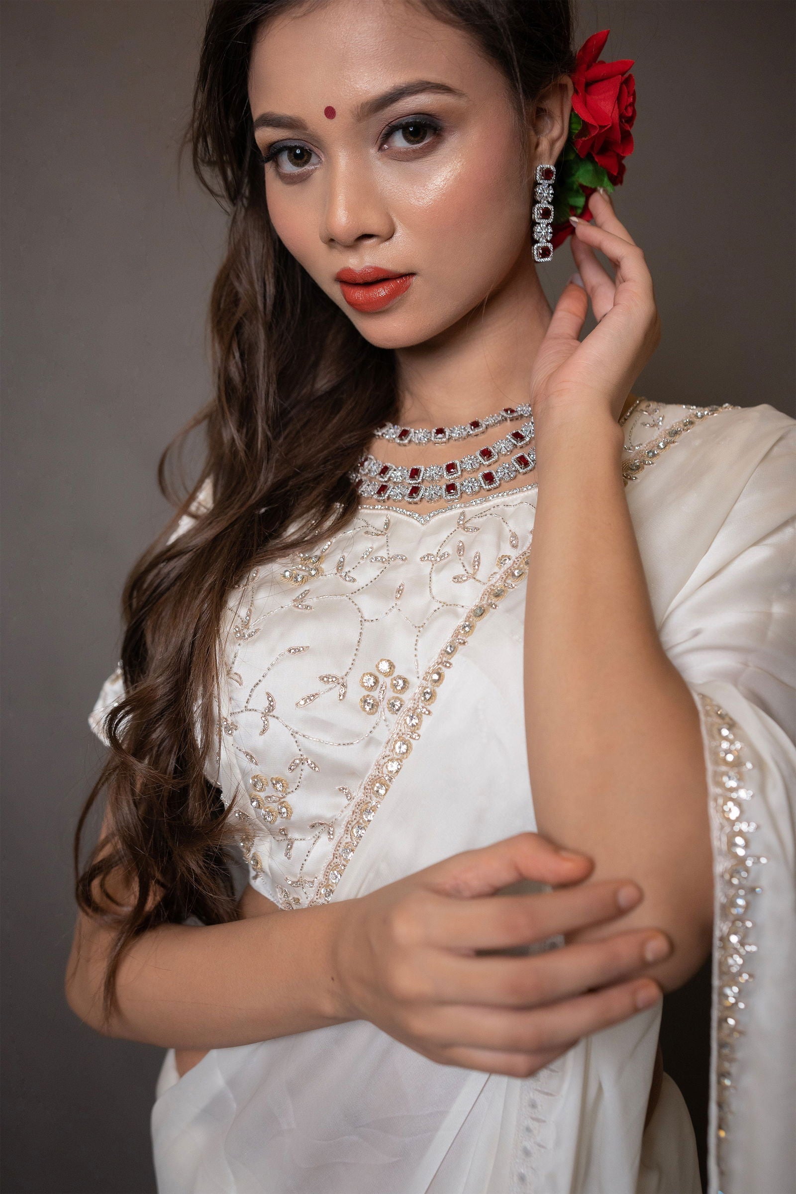 Ivory White Satin Saree with Swarovski Stones - Mayrake.in