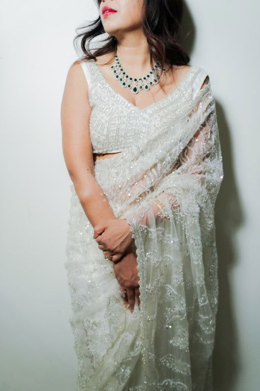 Ivory White Super Net Saree with Pearl and Swarovski Work - Mayrake