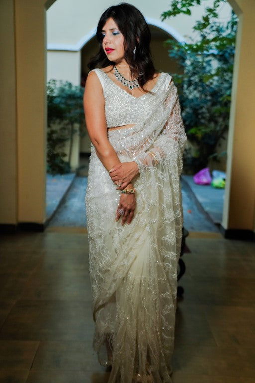 Ivory White Super Net Saree with Pearl and Swarovski Work - Mayrake