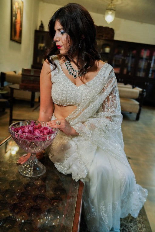 Ivory White Super Net Saree with Pearl and Swarovski Work - Mayrake