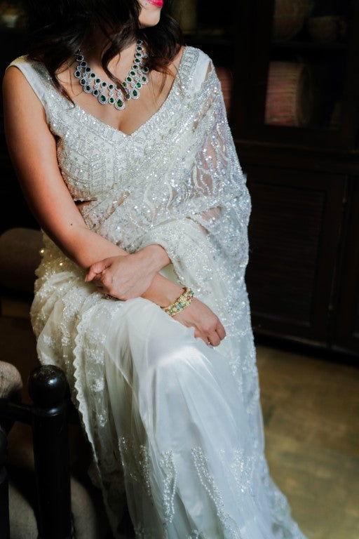 Ivory White Super Net Saree with Pearl and Swarovski Work - Mayrake