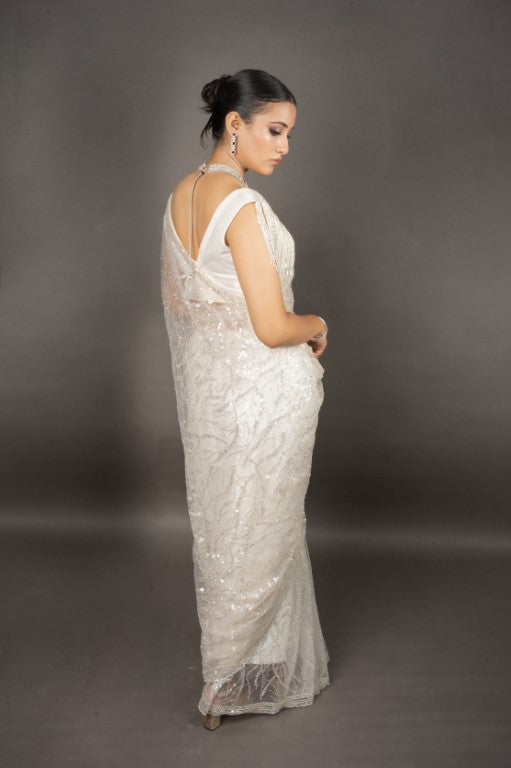 Ivory White Super Net Saree with Pearl and Swarovski Work with Designer Blouse - Mayrake