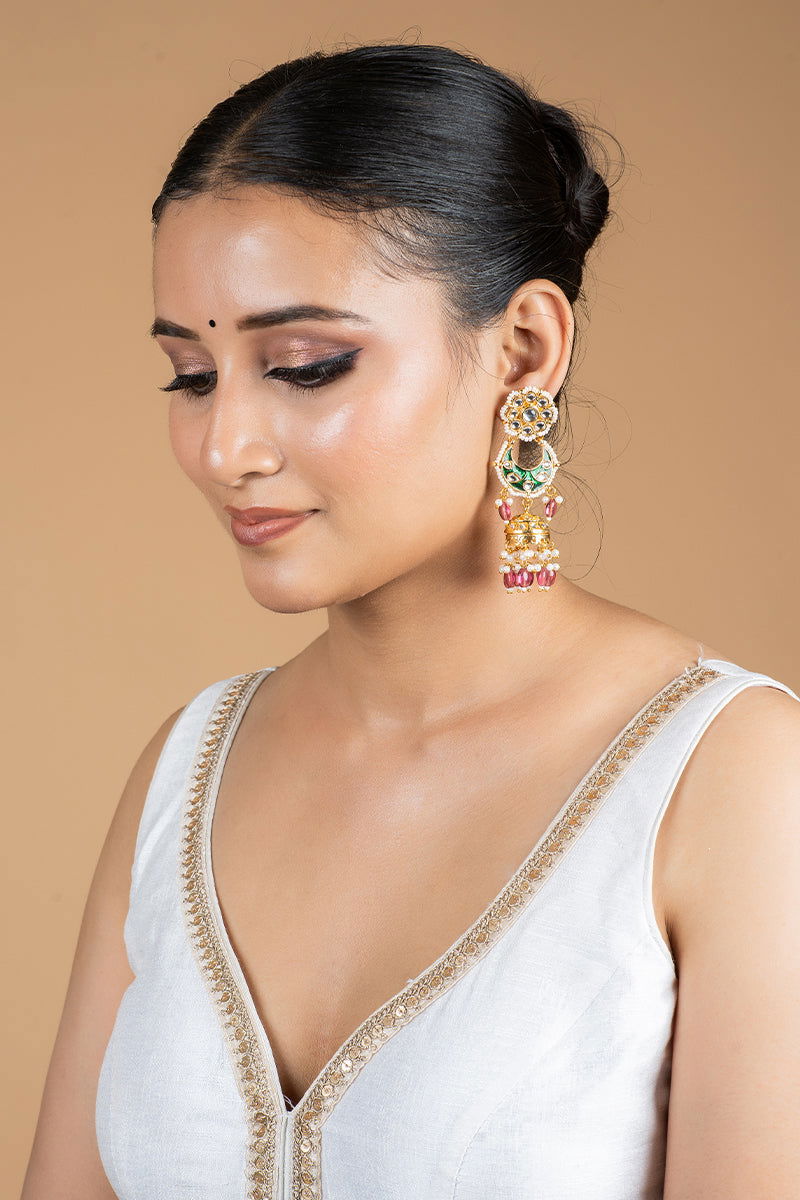 Kundan Work Jhumka with Pearls in Mixed Meta - Mayrake.in