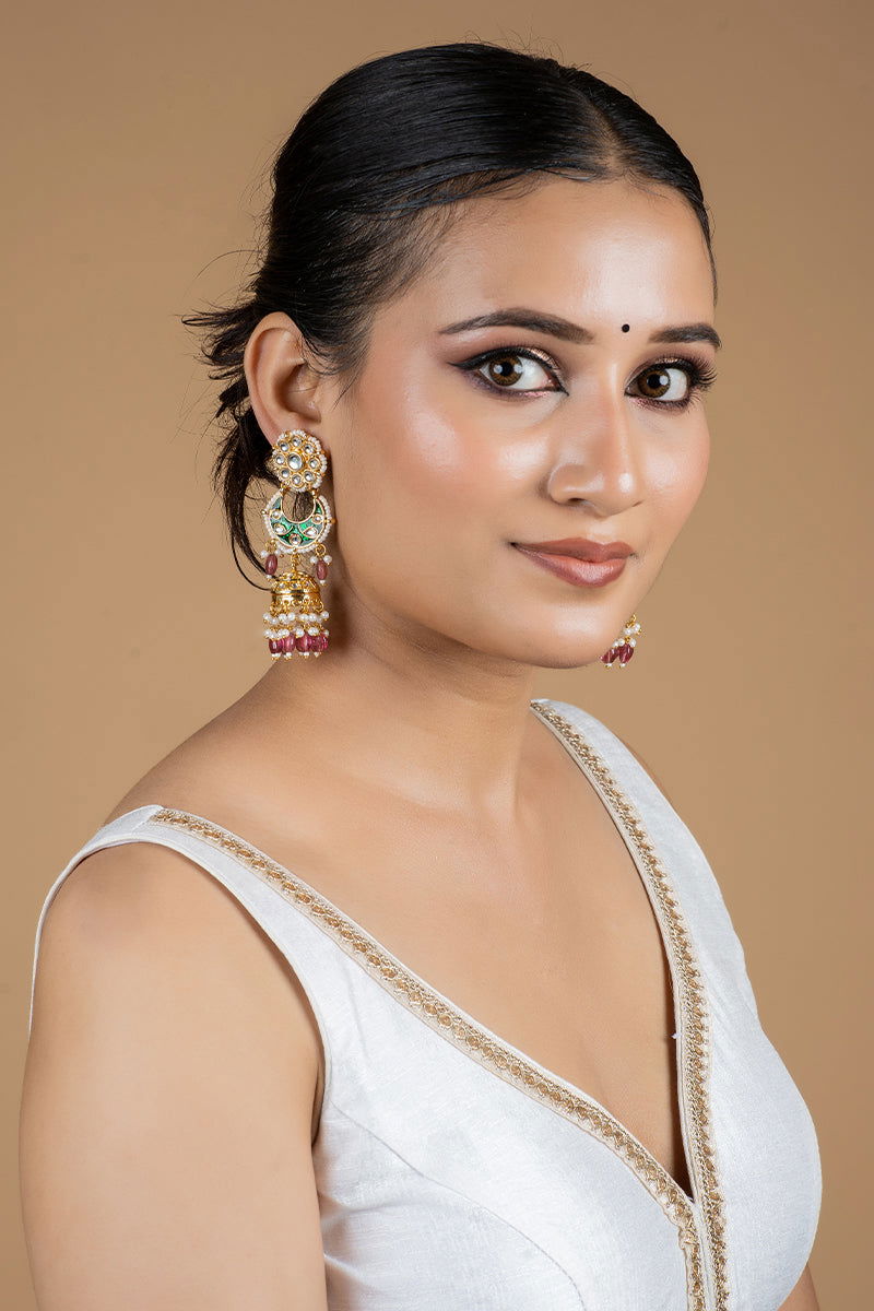 Kundan Work Jhumka with Pearls in Mixed Meta - Mayrake.in